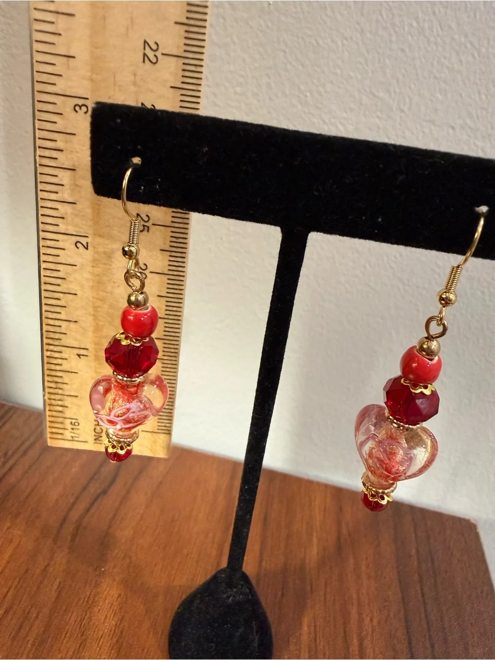 Red and Gold Heart Glass Drop Earrings